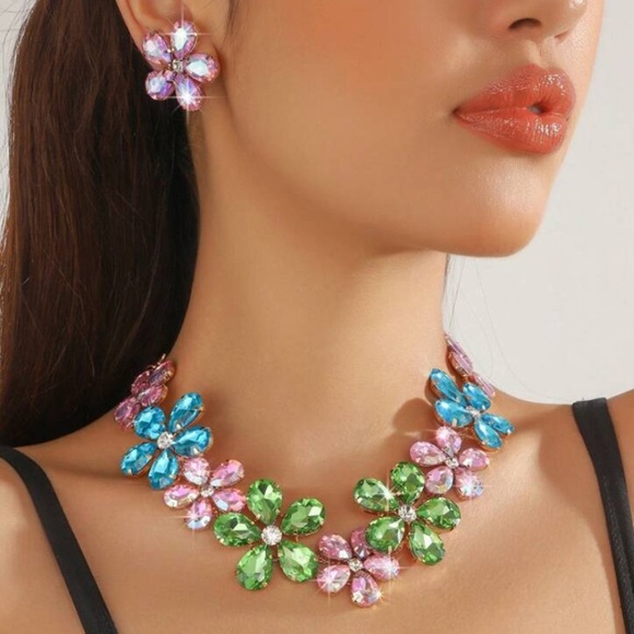 Elegant Austrian Crystal Flower Necklace Earrings Set Multi Color Gold S… - Picture 2 of 4